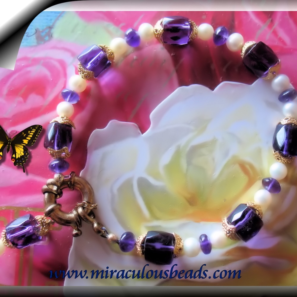 Bracelet Handmade w Amethysts and FW Pearls Size 7